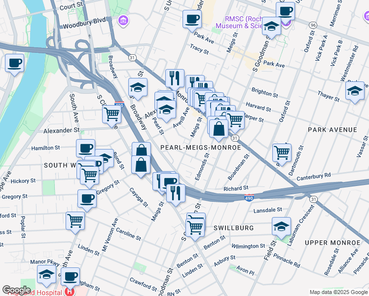 map of restaurants, bars, coffee shops, grocery stores, and more near 509 Meigs Street in Rochester