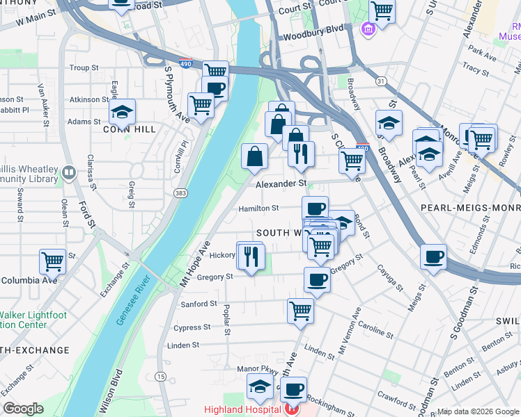 map of restaurants, bars, coffee shops, grocery stores, and more near 20 Ashland Street in Rochester