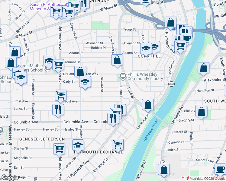 map of restaurants, bars, coffee shops, grocery stores, and more near 71 Champlain Street in Rochester