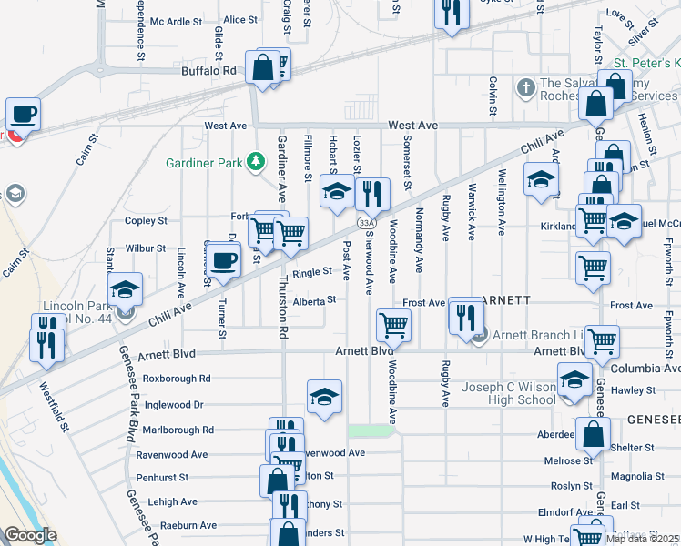 map of restaurants, bars, coffee shops, grocery stores, and more near 25 Ringle Street in Rochester