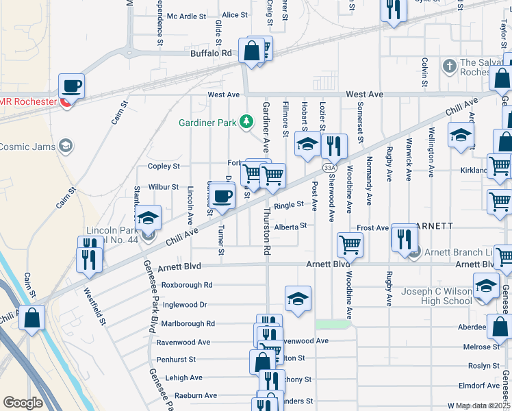 map of restaurants, bars, coffee shops, grocery stores, and more near 110 Salina Street in Rochester