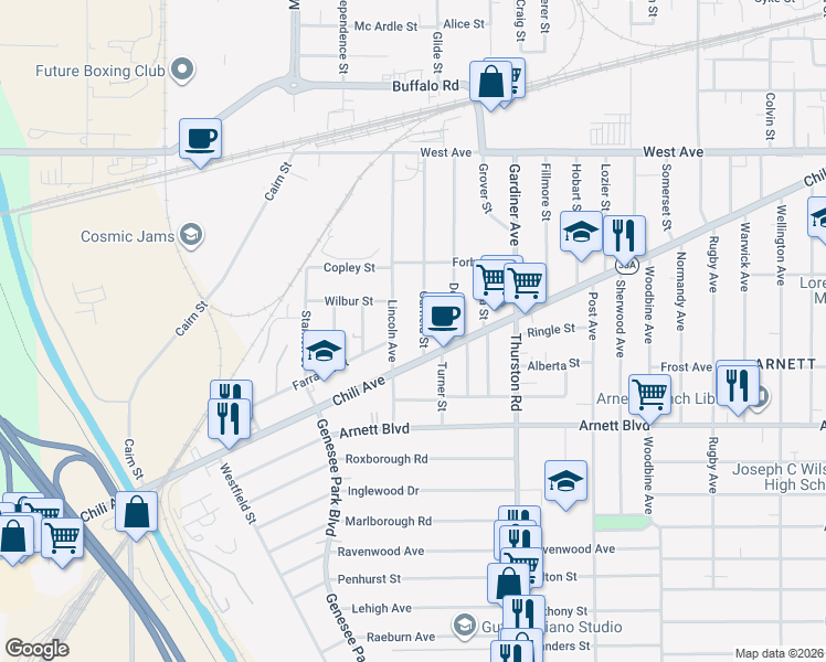 map of restaurants, bars, coffee shops, grocery stores, and more near 259 Garfield Street in Rochester