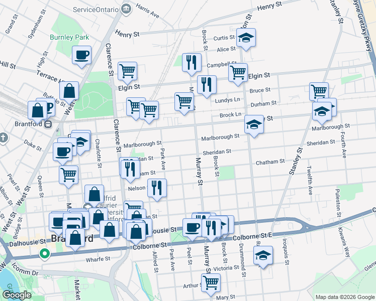 map of restaurants, bars, coffee shops, grocery stores, and more near 190 Sheridan Street in Brantford