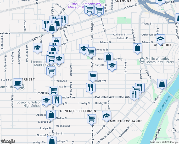 map of restaurants, bars, coffee shops, grocery stores, and more near 342 Champlain Street in Rochester