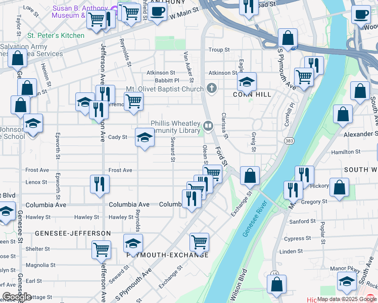 map of restaurants, bars, coffee shops, grocery stores, and more near 64 Champlain Street in Rochester