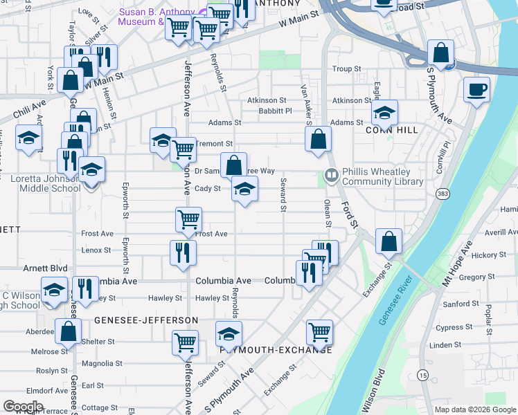 map of restaurants, bars, coffee shops, grocery stores, and more near 171 Champlain Street in Rochester