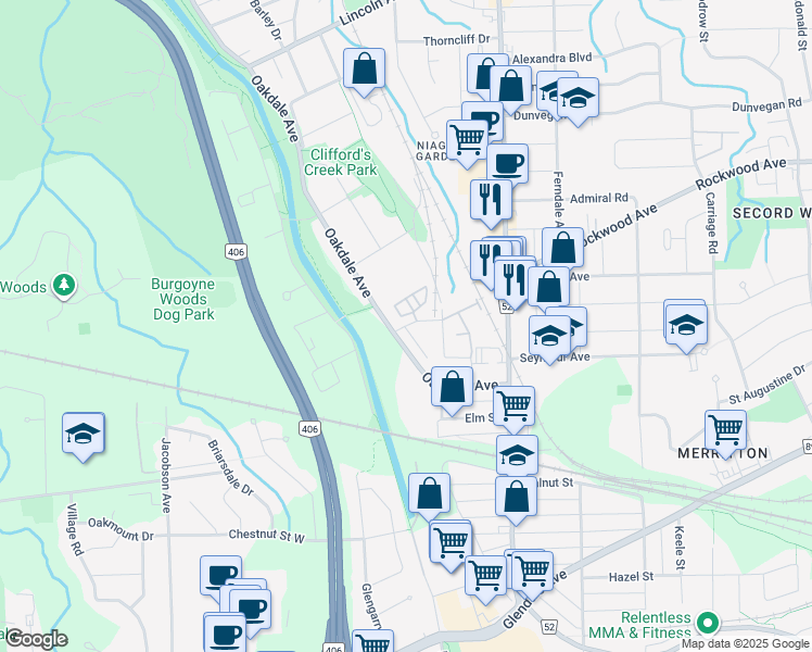 map of restaurants, bars, coffee shops, grocery stores, and more near 2 Abbot Street in Saint Catharines