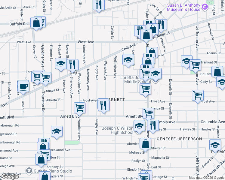 map of restaurants, bars, coffee shops, grocery stores, and more near 184-186 Warwick Avenue in Rochester