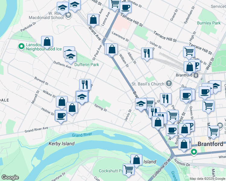 map of restaurants, bars, coffee shops, grocery stores, and more near 54 Dufferin Avenue in Brantford