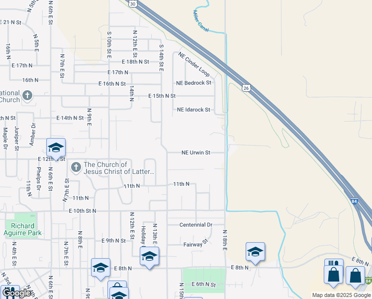 map of restaurants, bars, coffee shops, grocery stores, and more near 1530 Northeast Urwin Street in Mountain Home
