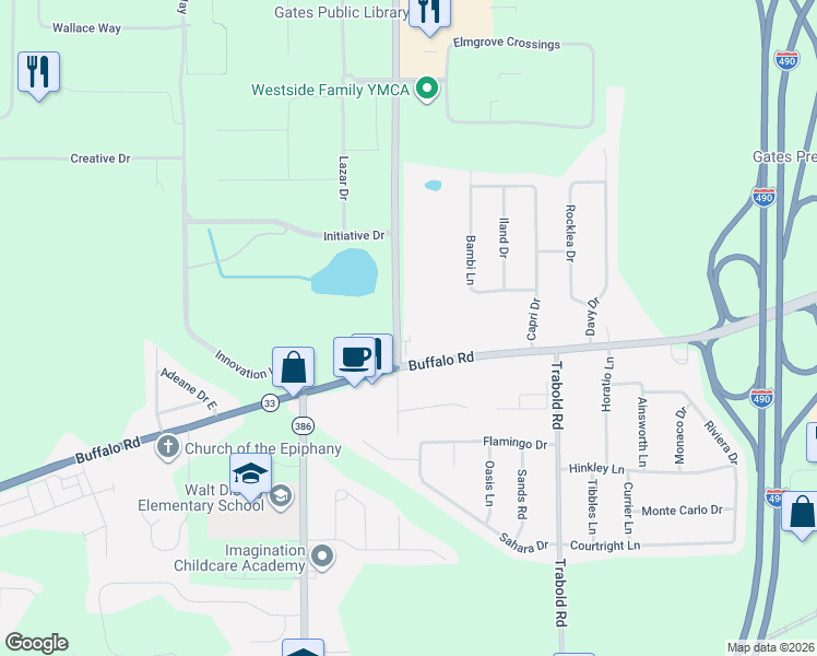 map of restaurants, bars, coffee shops, grocery stores, and more near 2930 Buffalo Road in Rochester