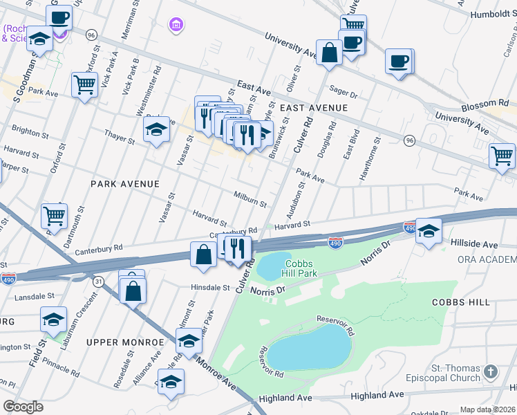 map of restaurants, bars, coffee shops, grocery stores, and more near 256 Brunswick Street in Rochester