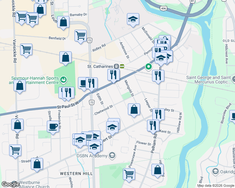map of restaurants, bars, coffee shops, grocery stores, and more near 10B Lloyd Street in St. Catharines