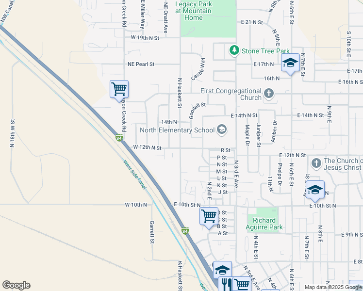 map of restaurants, bars, coffee shops, grocery stores, and more near 100 East 12th North in Mountain Home