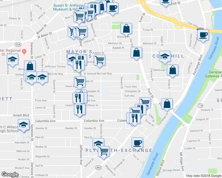 map of restaurants, bars, coffee shops, grocery stores, and more near 166 Champlain Street in Rochester