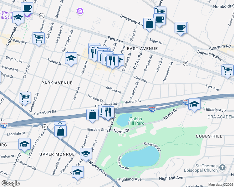 map of restaurants, bars, coffee shops, grocery stores, and more near 256 Brunswick Street in Rochester