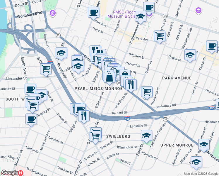 map of restaurants, bars, coffee shops, grocery stores, and more near 465 South Goodman Street in Rochester