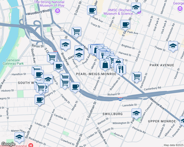 map of restaurants, bars, coffee shops, grocery stores, and more near 370 Pearl Street in Rochester