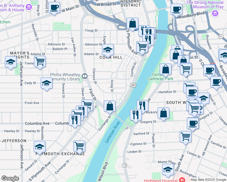 map of restaurants, bars, coffee shops, grocery stores, and more near 100 Riverferry Way in Rochester