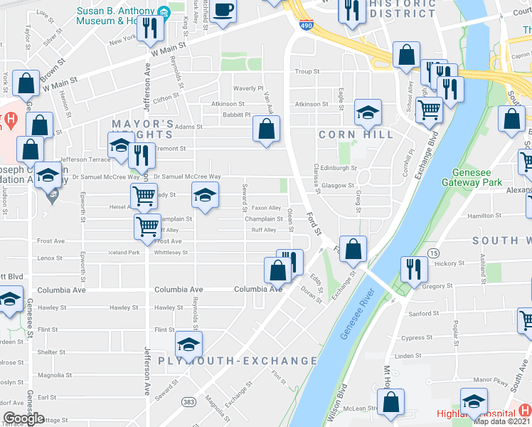 map of restaurants, bars, coffee shops, grocery stores, and more near 71 Champlain Street in Rochester