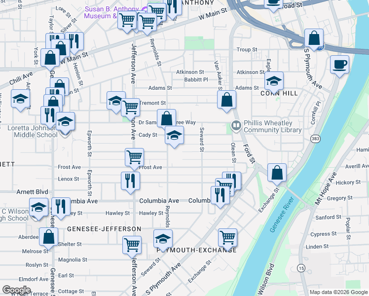 map of restaurants, bars, coffee shops, grocery stores, and more near 171 Champlain Street in Rochester