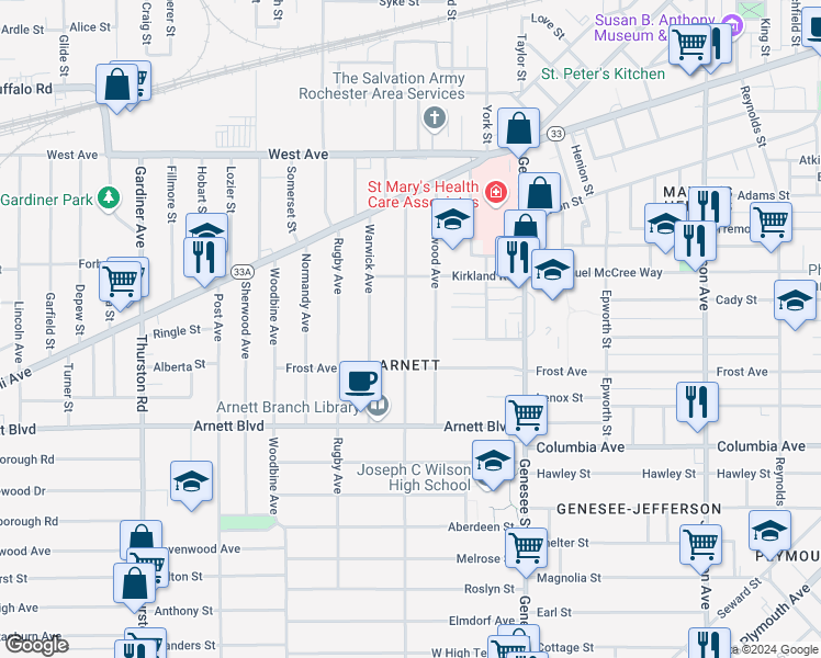 map of restaurants, bars, coffee shops, grocery stores, and more near in Rochester