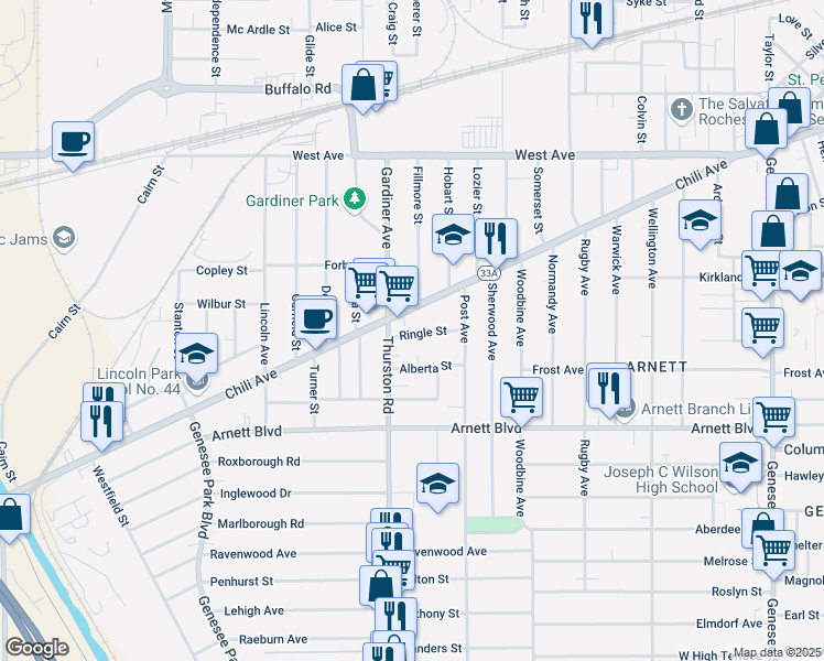 map of restaurants, bars, coffee shops, grocery stores, and more near 38 Thurston Road in Rochester