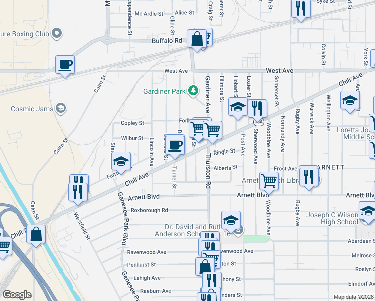 map of restaurants, bars, coffee shops, grocery stores, and more near 635 Chili Avenue in Rochester