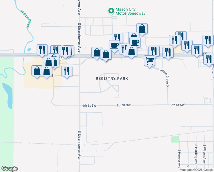 map of restaurants, bars, coffee shops, grocery stores, and more near 777 South Eisenhower Avenue in Mason City
