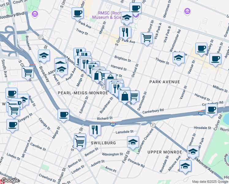 map of restaurants, bars, coffee shops, grocery stores, and more near 640 Monroe Avenue in Rochester