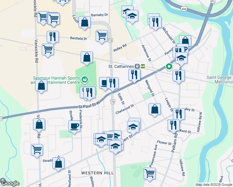 map of restaurants, bars, coffee shops, grocery stores, and more near 210 Regional Road 72 in St. Catharines