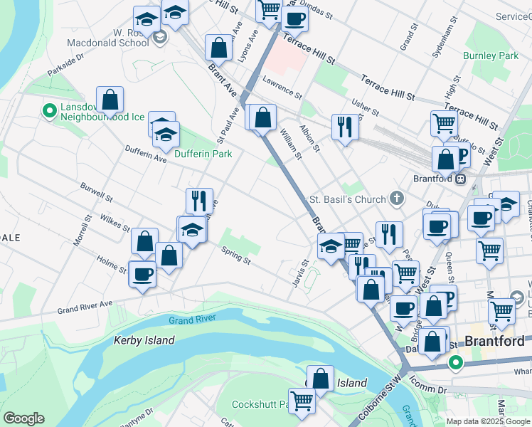 map of restaurants, bars, coffee shops, grocery stores, and more near 54 Dufferin Avenue in Brantford