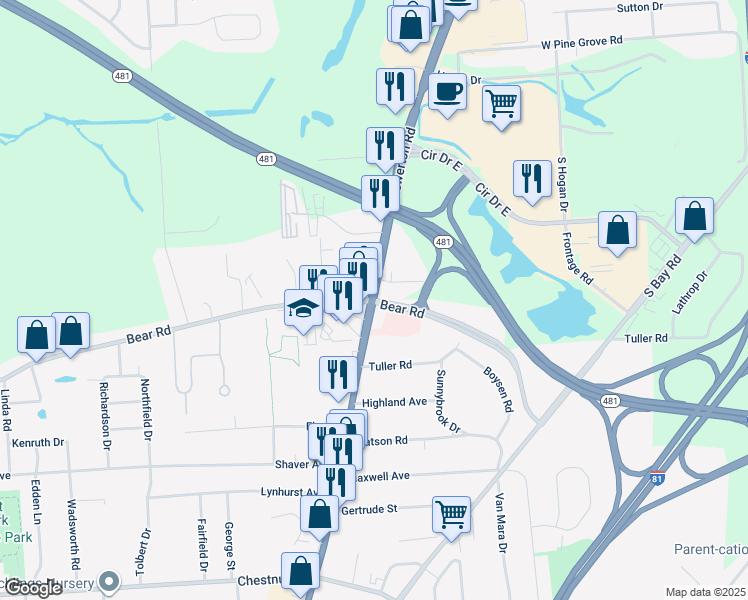 map of restaurants, bars, coffee shops, grocery stores, and more near 840 North Main Street in Syracuse