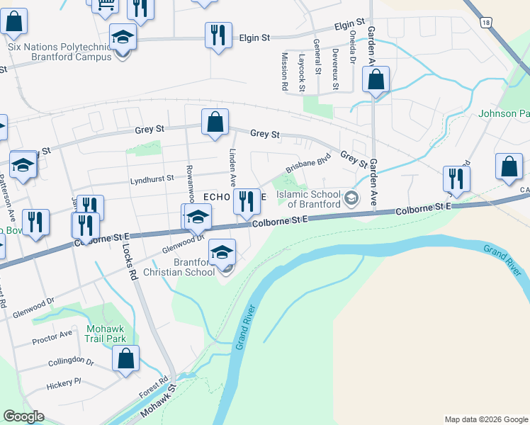 map of restaurants, bars, coffee shops, grocery stores, and more near 920 Colborne Street in Brantford