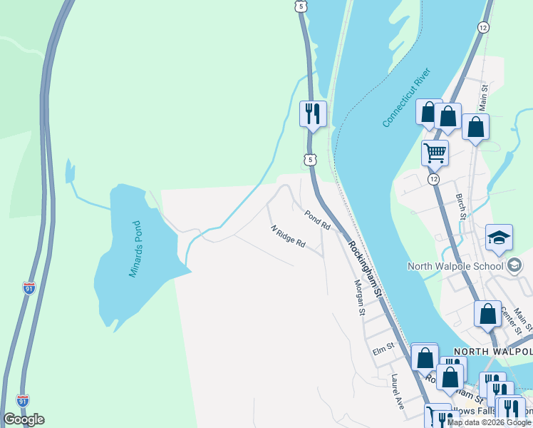map of restaurants, bars, coffee shops, grocery stores, and more near 34 Pond Road in Town of Rockingham
