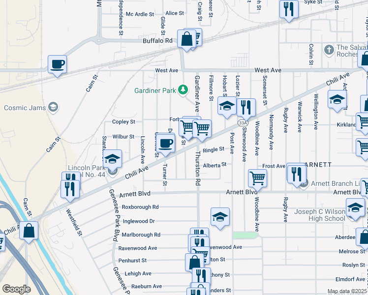 map of restaurants, bars, coffee shops, grocery stores, and more near 572 Chili Avenue in Rochester
