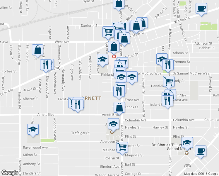 map of restaurants, bars, coffee shops, grocery stores, and more near 47 Judson Street in Rochester