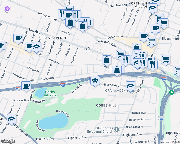 map of restaurants, bars, coffee shops, grocery stores, and more near 1025R Harvard Street in Rochester
