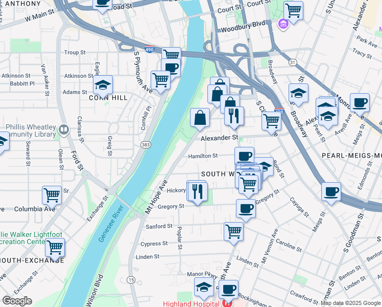 map of restaurants, bars, coffee shops, grocery stores, and more near 32 Hamilton Street in Rochester