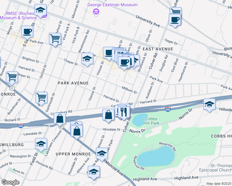 map of restaurants, bars, coffee shops, grocery stores, and more near 8 Regent Street in Rochester