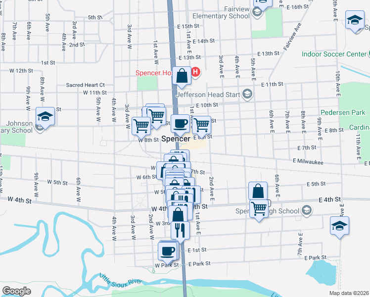 map of restaurants, bars, coffee shops, grocery stores, and more near in Spencer