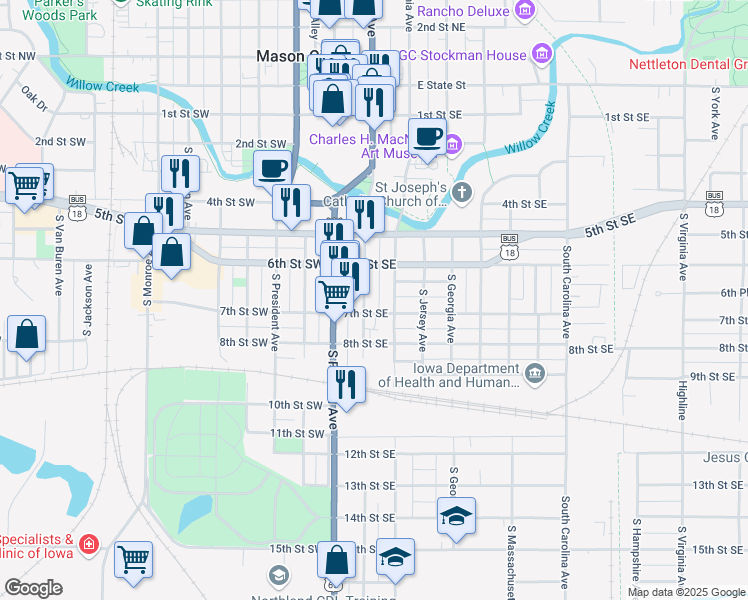 map of restaurants, bars, coffee shops, grocery stores, and more near 103 7th Street Southeast in Mason City