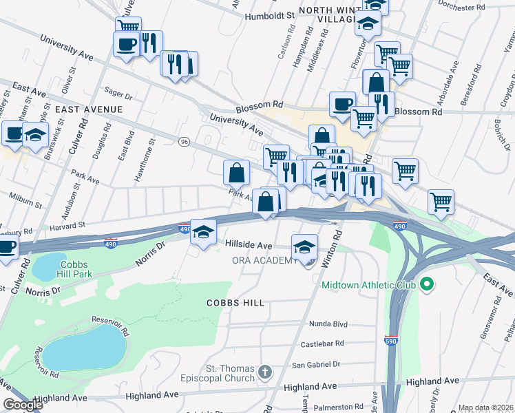 map of restaurants, bars, coffee shops, grocery stores, and more near 1289 Park Avenue in Rochester