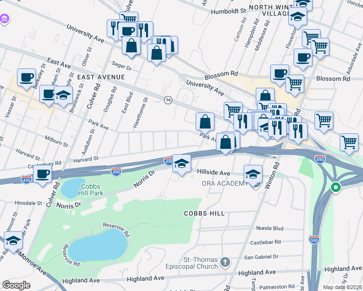 map of restaurants, bars, coffee shops, grocery stores, and more near 1025R Harvard Street in Rochester