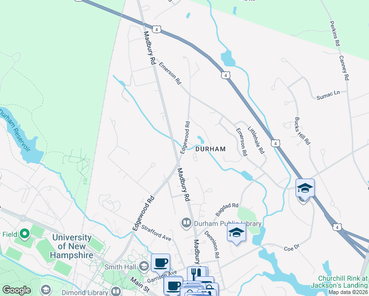 map of restaurants, bars, coffee shops, grocery stores, and more near 38 Edgewood Road in Durham