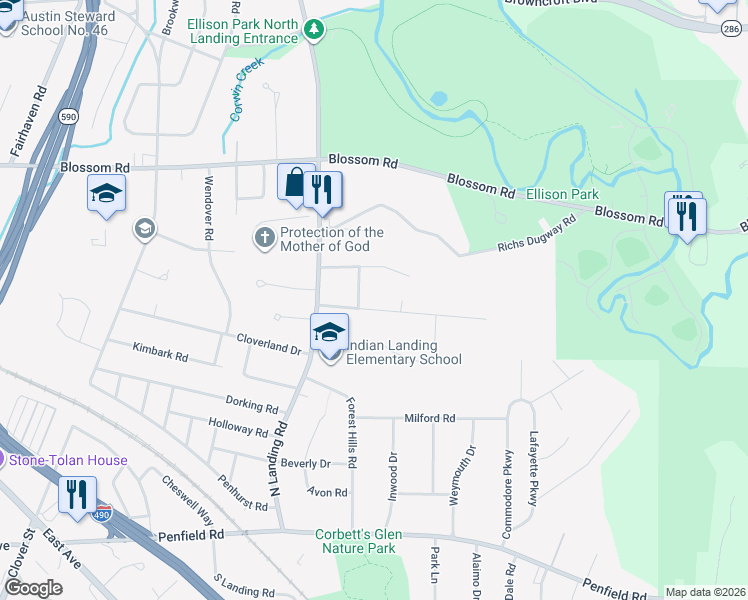 map of restaurants, bars, coffee shops, grocery stores, and more near 83 Klink Road in Rochester