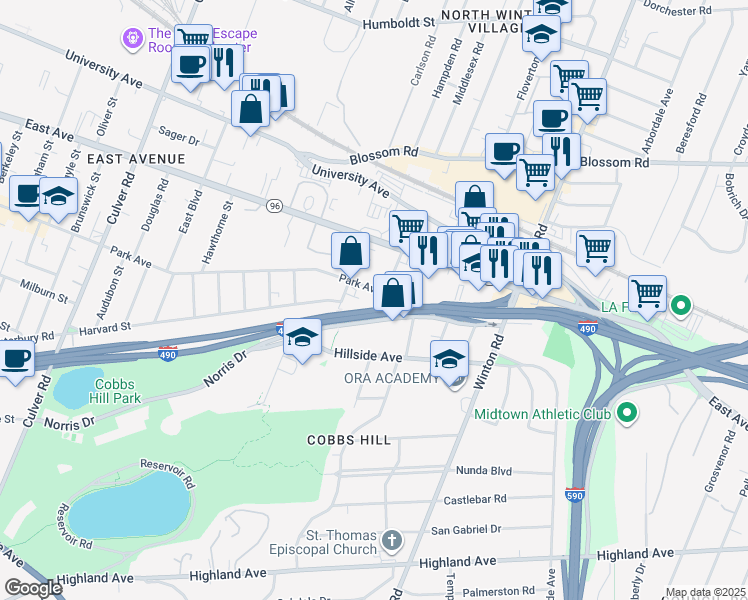 map of restaurants, bars, coffee shops, grocery stores, and more near 221 Norris Drive in Rochester