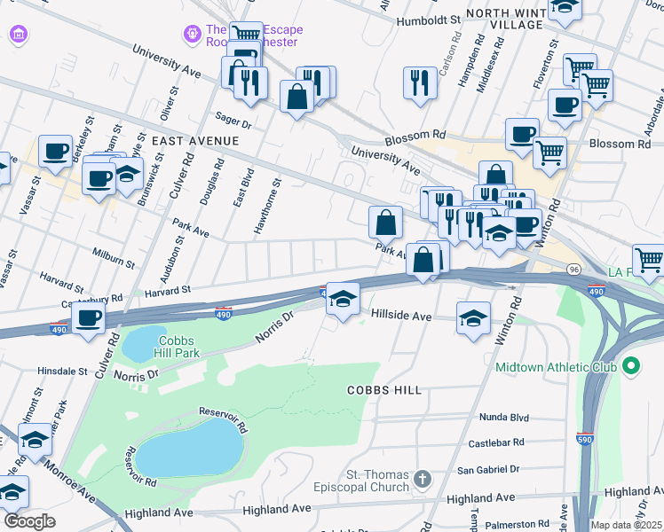 map of restaurants, bars, coffee shops, grocery stores, and more near 1025R Harvard Street in Rochester