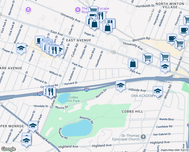 map of restaurants, bars, coffee shops, grocery stores, and more near 870 Harvard Street in Rochester