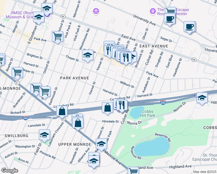map of restaurants, bars, coffee shops, grocery stores, and more near 559 Harvard Street in Rochester